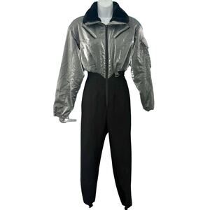 Vintage 90s Nils Silver Metallic Black Faux Fur Collar Ski Suit One Piece Size S